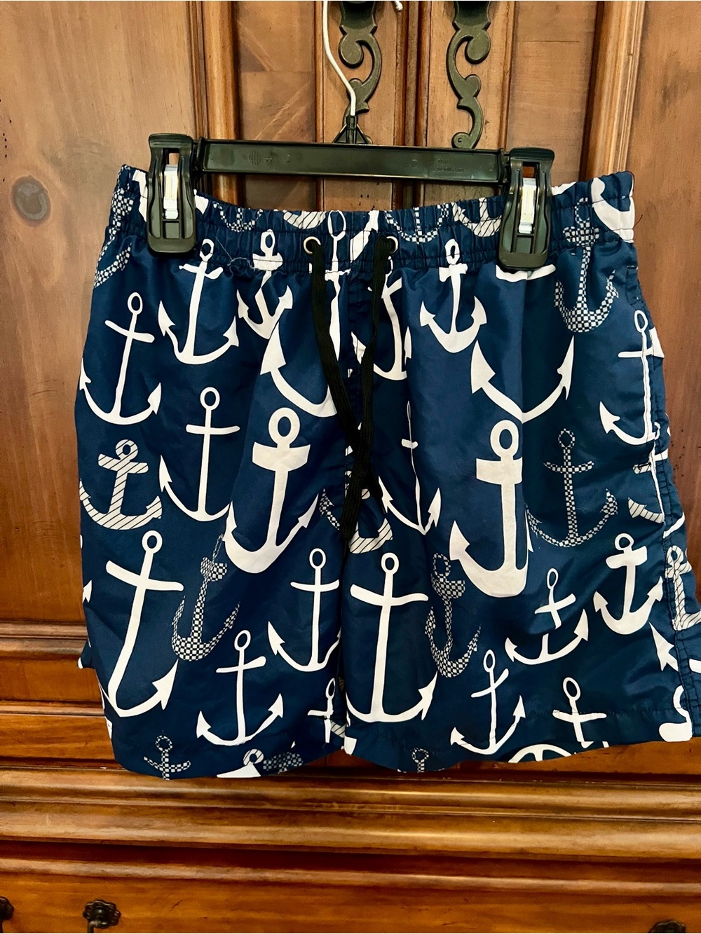 Navy Anchor-Print Athletic Swim Shorts with Drawstring